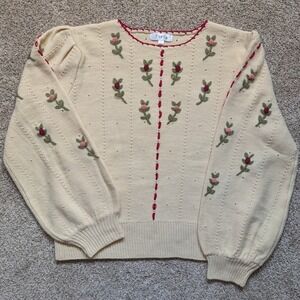 NWOT Forte Womens Sz L Cream Floral Long Sleeve Sweater Grandma Cottagecore